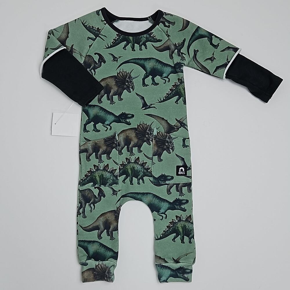 Rags Raglan Sleeve Hip Pocket Romper Dinosaur Green | Infant Baby 3-6‎ Months